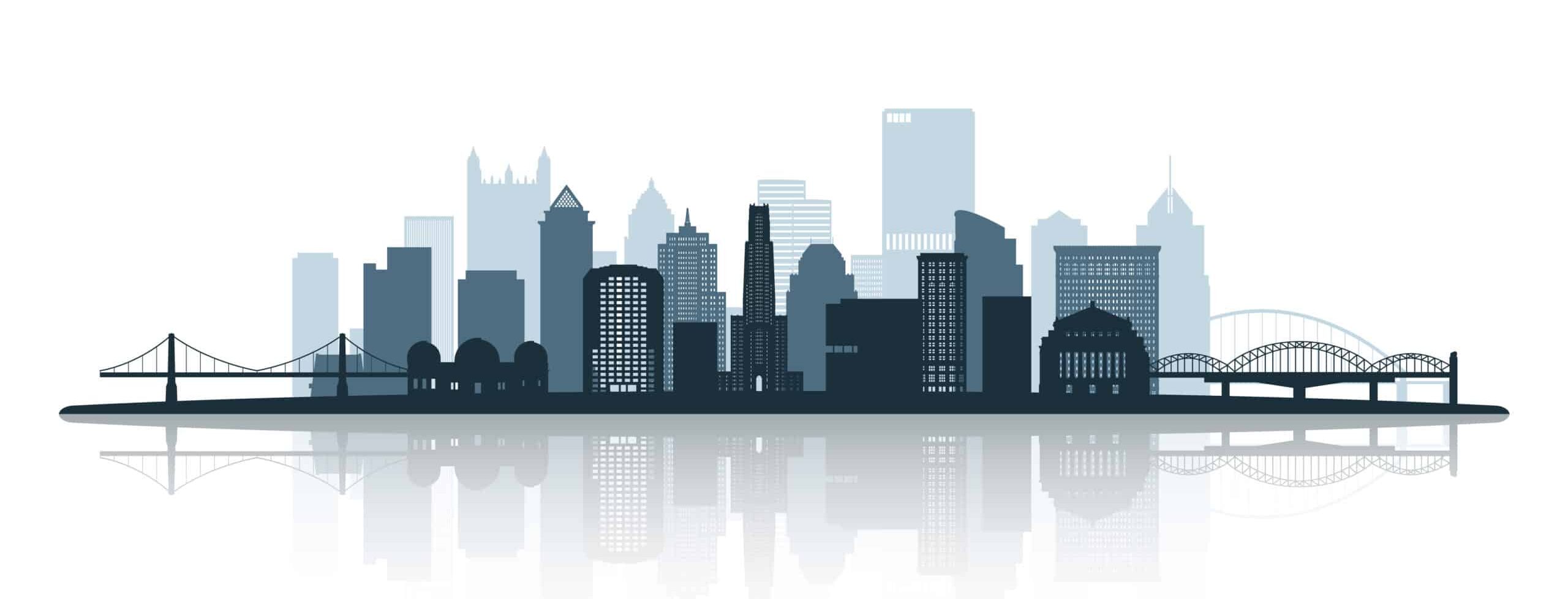 Pittsburgh skyline silhouette with reflection. Landscape Pittsburgh, Pennsylvania. Vector illustration.