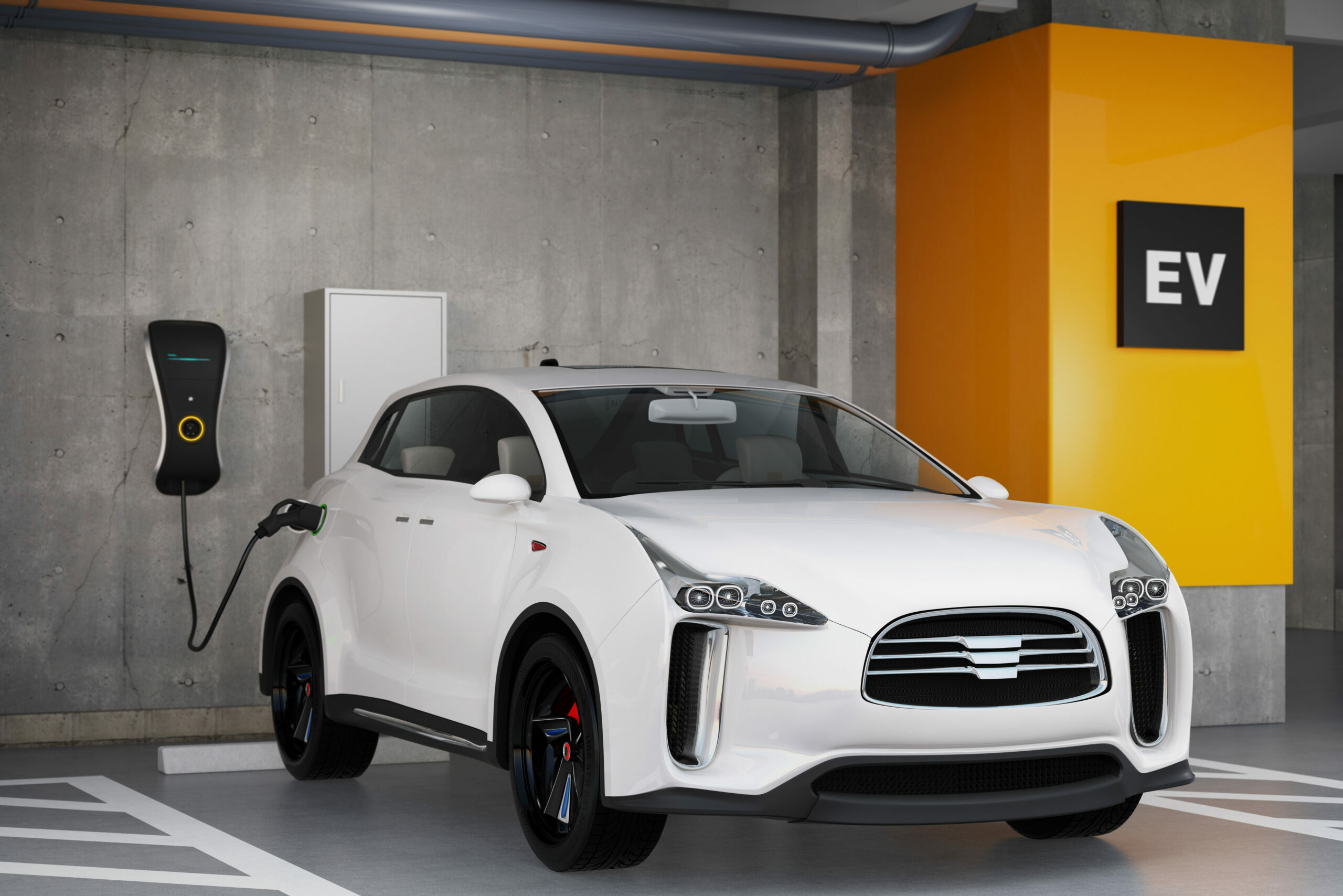 White electric SUV recharging in parking garage. 3D rendering image. original design.