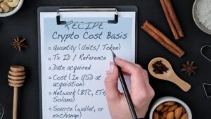 Recipe card visual showing crypto cost basis ingredients - quantity, Tx ID, date acquired, cost, network, and source.