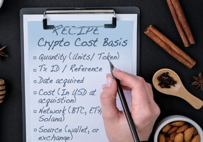 Recipe card visual showing crypto cost basis ingredients - quantity, Tx ID, date acquired, cost, network, and source.