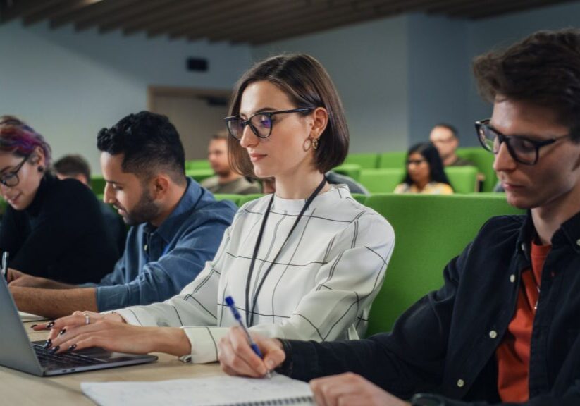 Young Female Student Studying in University with Diverse Multiethnic Classmates. She is Focused and Using a Laptop Computer. Patiently Listening to Professor's Lecture and Taking Notes