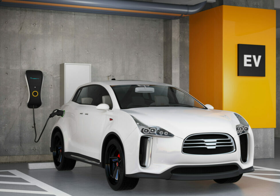 White electric SUV recharging in parking garage. 3D rendering image. original design.